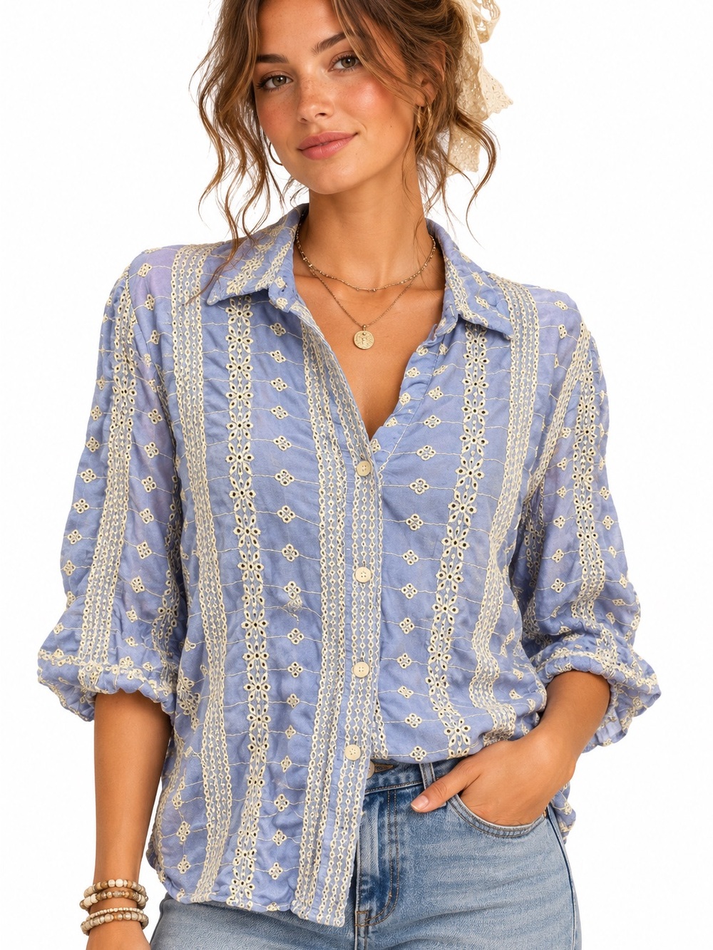 Ultra Pink Blue Button-Down Shirt with Cream Embroidery Cottagecore